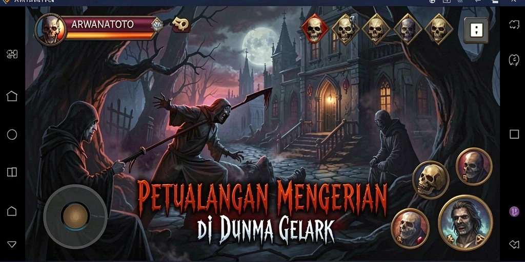 Tampilan gameplay seram di ARWANATOTO, menjelajahi area gelap dengan makhluk menakutkan.