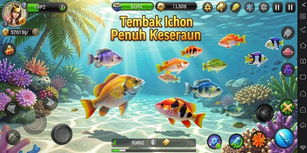 Screenshot gameplay Tembak Ikan EVIP2 yang menampilkan aksi menembak ikan.
