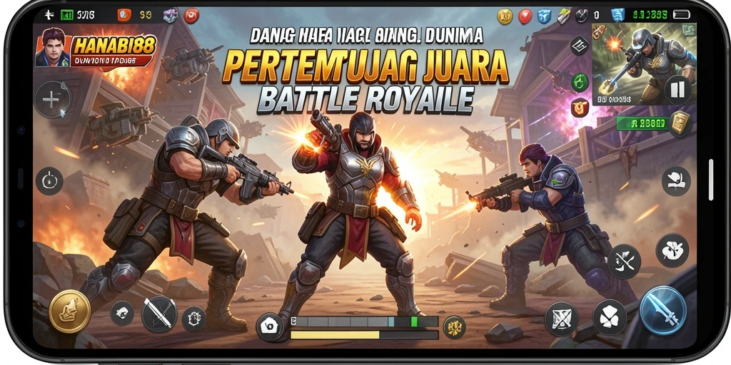 Screenshot gameplay HANABI88 memperlihatkan aksi pertempuran intens di arena Battle Royale.