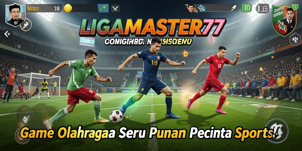 Screenshot utama LIGAMASTER77 menampilkan aksi seru dalam pertandingan olahraga.