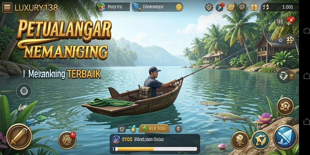 Tampilan gameplay LUXURY138 saat menangkap ikan di laut yang cerah.