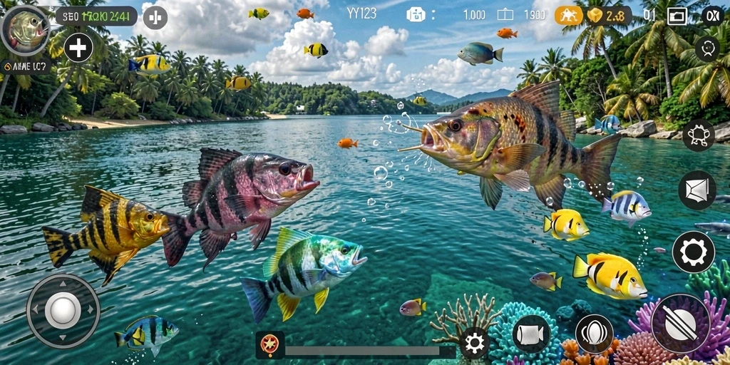 Screenshot utama YY123 menampilkan momen seru saat menangkap ikan.